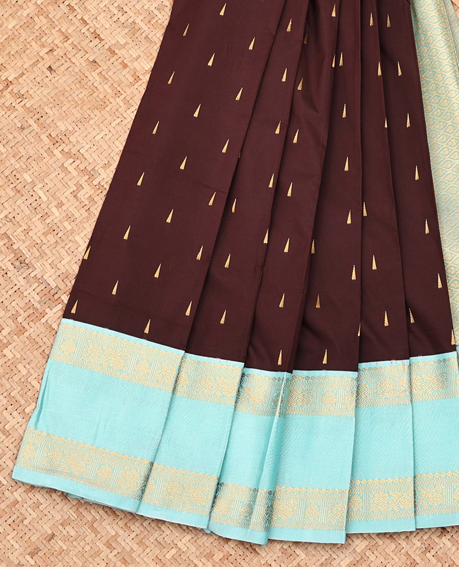Brown Budget Silk Saree, Subtly Sparkled With Buttas On Its Body, Complemented by Contrast Rettai Pettu Traditional Zari Designs Woven Border, Grand Jaal Pallu and Paired with a Contrast Blouse