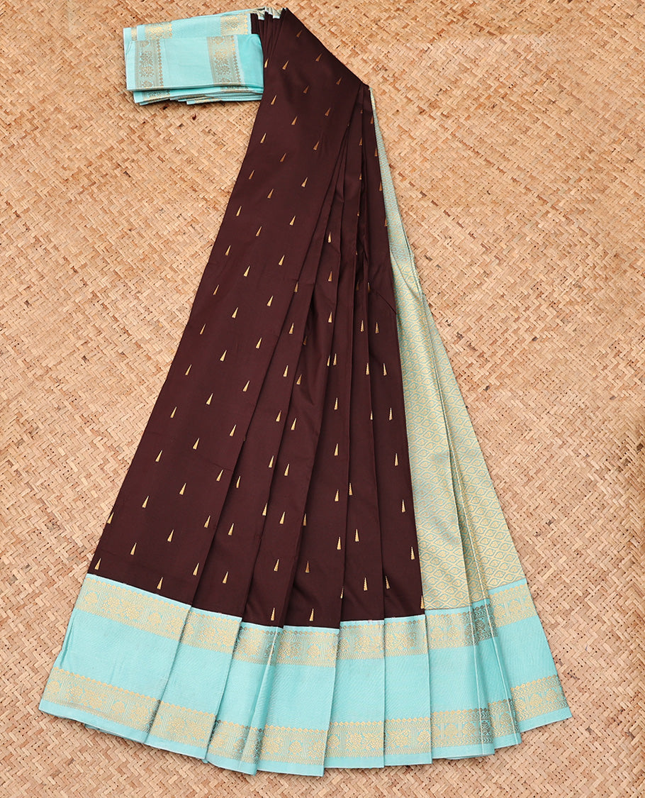 Brown Budget Silk Saree, Subtly Sparkled With Buttas On Its Body, Complemented by Contrast Rettai Pettu Traditional Zari Designs Woven Border, Grand Jaal Pallu and Paired with a Contrast Blouse