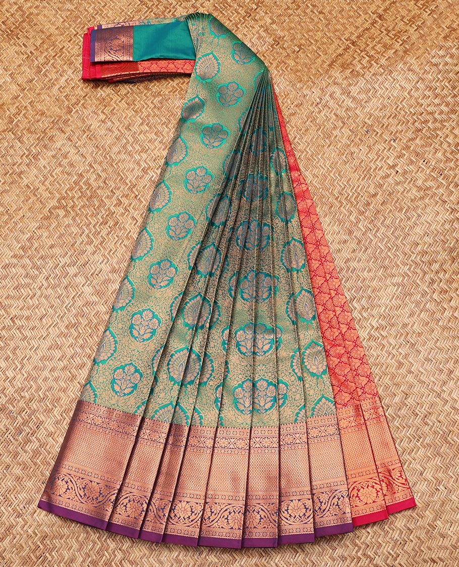 Green Budget Silk Saree, Detailed with Jacquard Design, Contrast Traditional Zari Border, Grand Pallu, and a Contrast Blouse