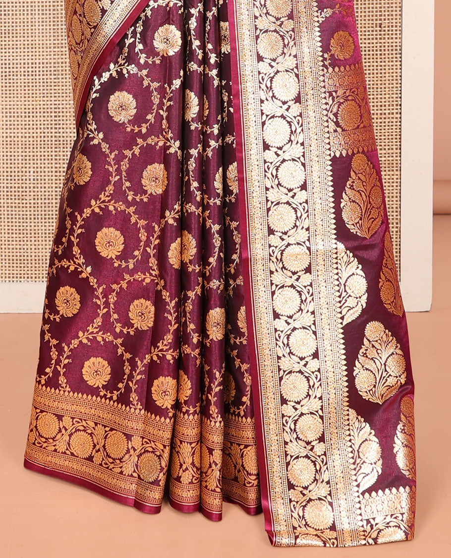 Maroon Banarasi Nylon Saree, Mesmerized with Jaal Jacquard, Floral Creeper Zari Border, Intricate Pallu, and a Matching Blouse