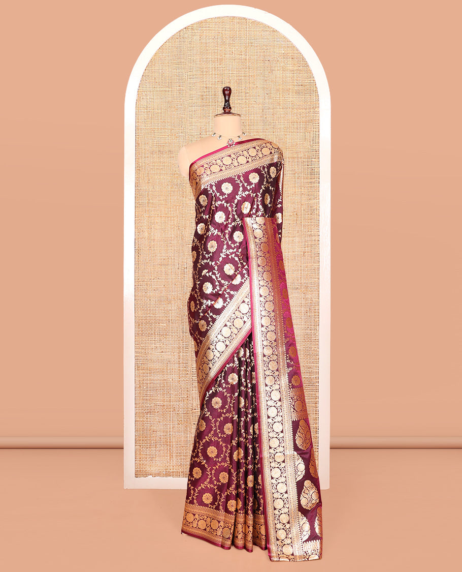 Maroon Banarasi Nylon Saree, Mesmerized with Jaal Jacquard, Floral Creeper Zari Border, Intricate Pallu, and a Matching Blouse
