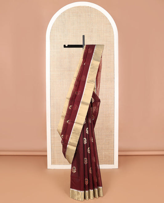 Brown floral motifs chanderi cotton saree with contrast zari border & striped pallu