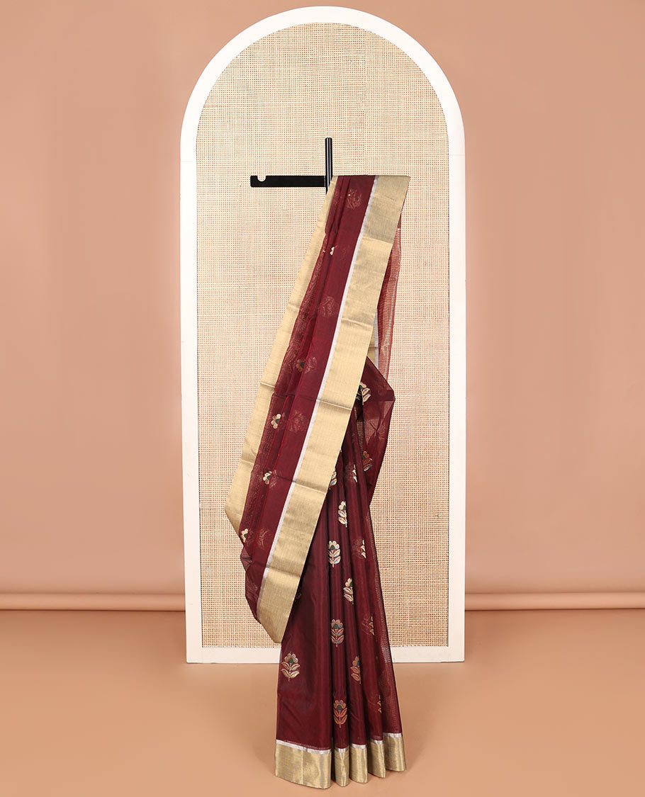 Brown floral motifs chanderi cotton saree with contrast zari border & striped pallu