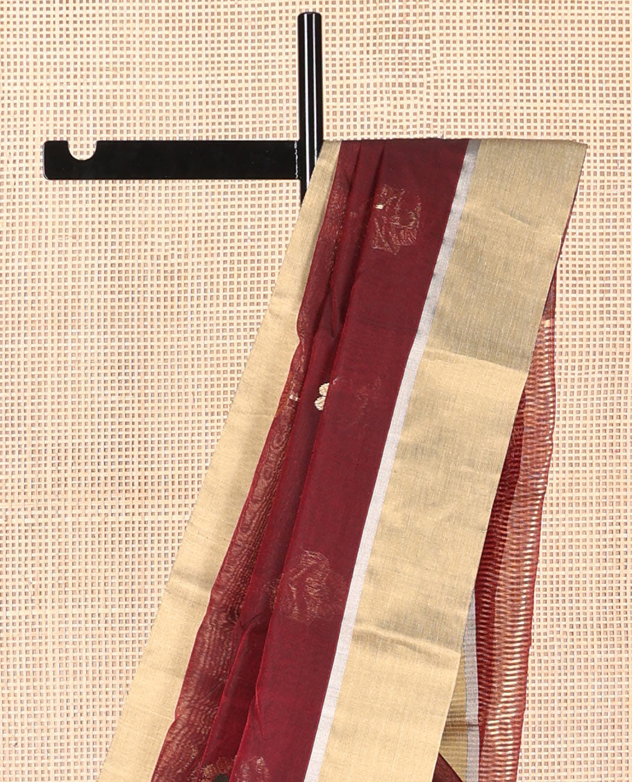Brown floral motifs chanderi cotton saree with contrast zari border & striped pallu
