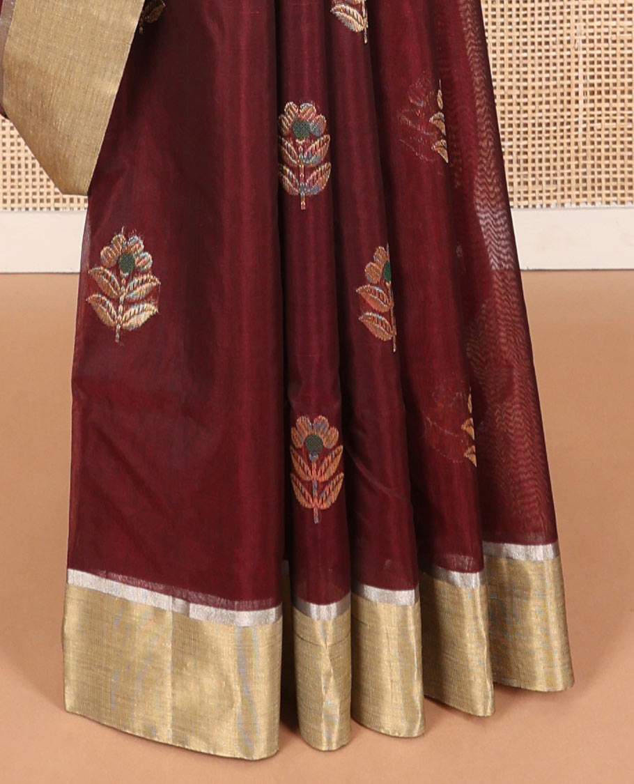 Brown floral motifs chanderi cotton saree with contrast zari border & striped pallu