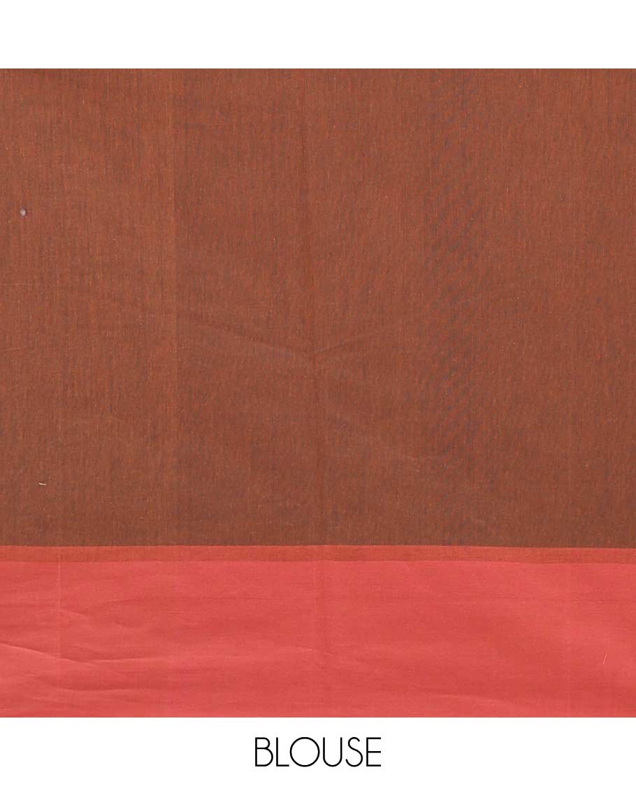 Borderless brown buttas and dotted striped Coimbatore cotton saree, contrast border, and pallu of tree motifs
