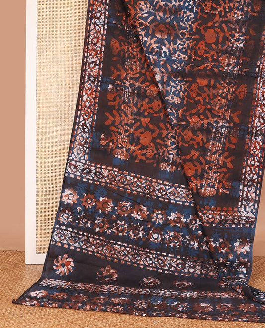 Brown batik printed mul mul cotton saree, batik printed border, and pallu of batik print