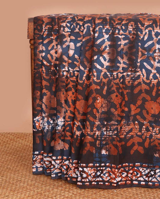 Brown batik printed mul mul cotton saree, batik printed border, and pallu of batik print