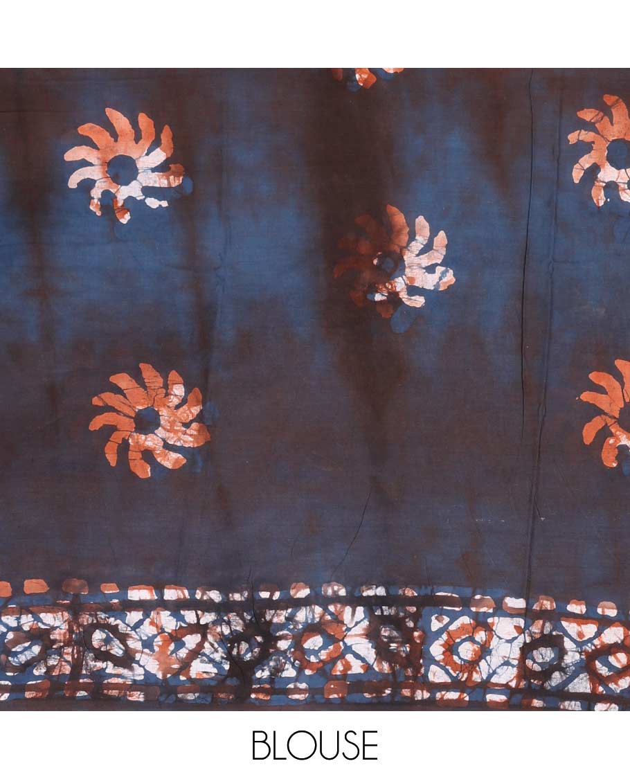 Brown batik printed mul mul cotton saree, batik printed border, and pallu of batik print