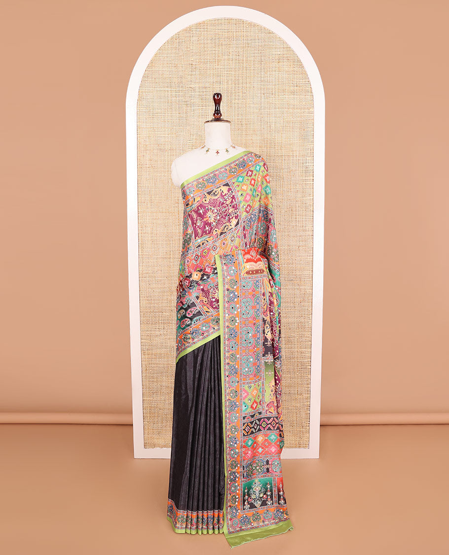 Multi-color printed, mirror work synon silk saree with printed border & printed rich pallu along with plain blouse