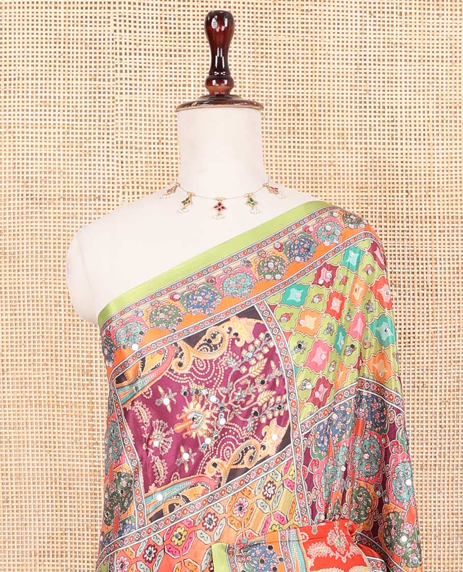Multi-color printed, mirror work synon silk saree with printed border & printed rich pallu along with plain blouse