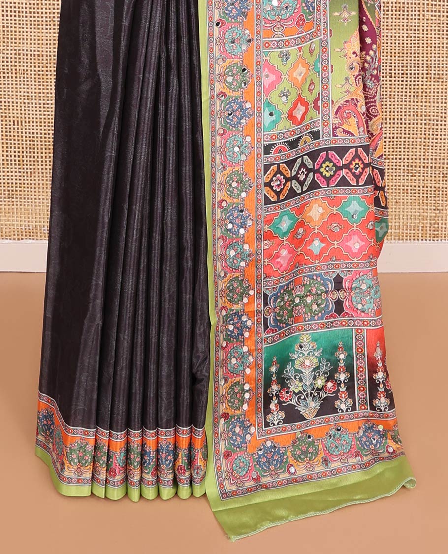 Multi-color printed, mirror work synon silk saree with printed border & printed rich pallu along with plain blouse