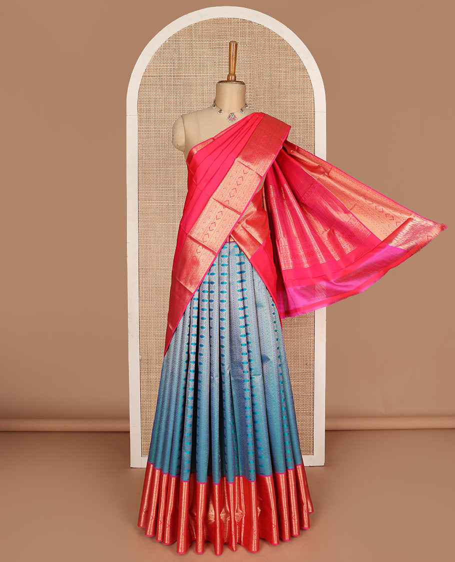 Peacock blue pure silk half-saree, jacquard with contrast traditional zari bordered skirt, contrast zari design blouse, and zari design dhavani