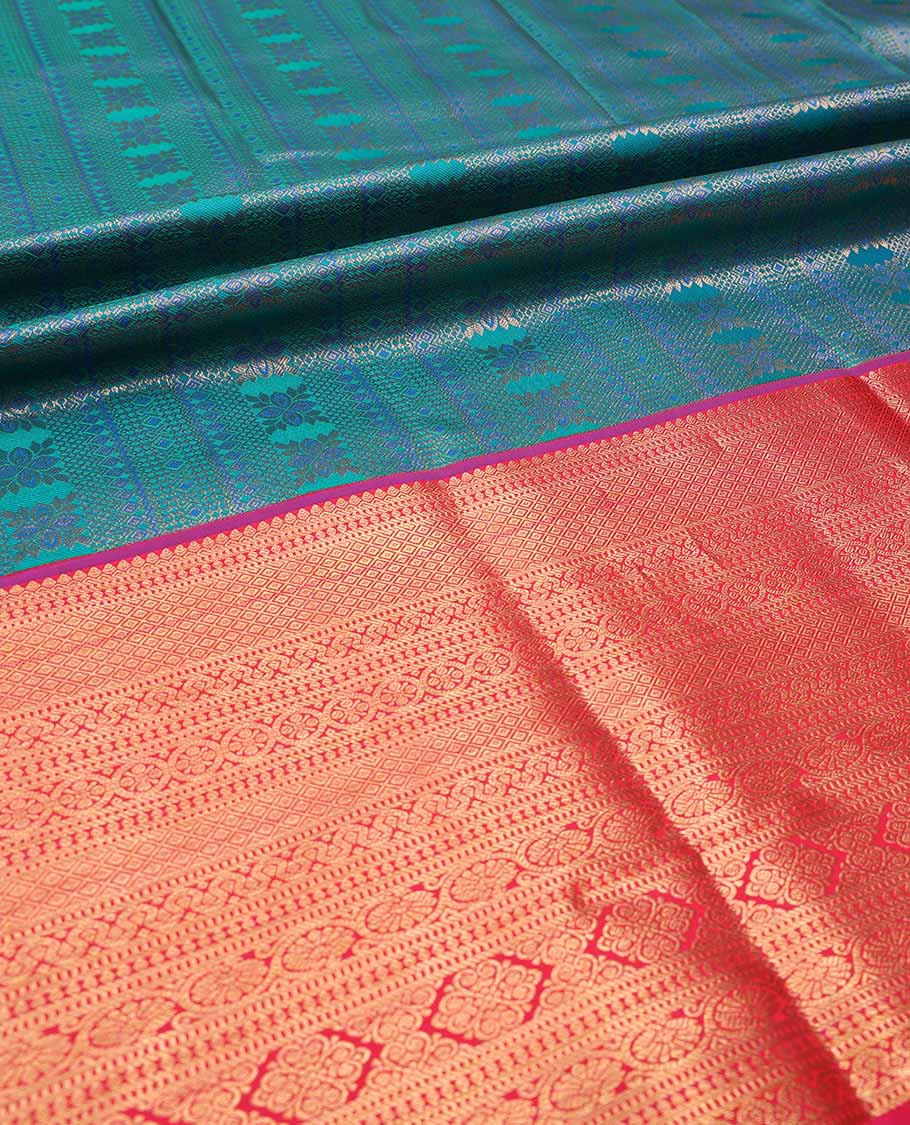 Peacock blue pure silk half-saree, jacquard with contrast traditional zari bordered skirt, contrast zari design blouse, and zari design dhavani