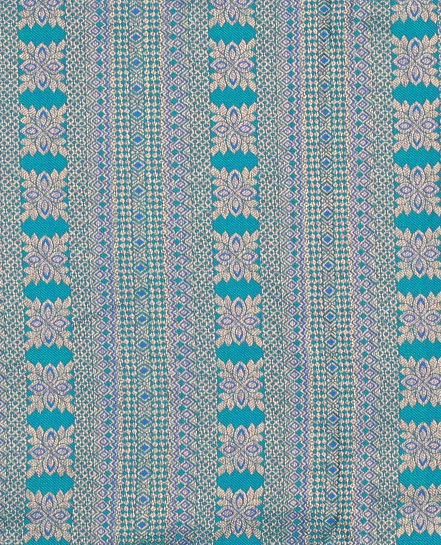 Peacock blue pure silk half-saree, jacquard with contrast traditional zari bordered skirt, contrast zari design blouse, and zari design dhavani