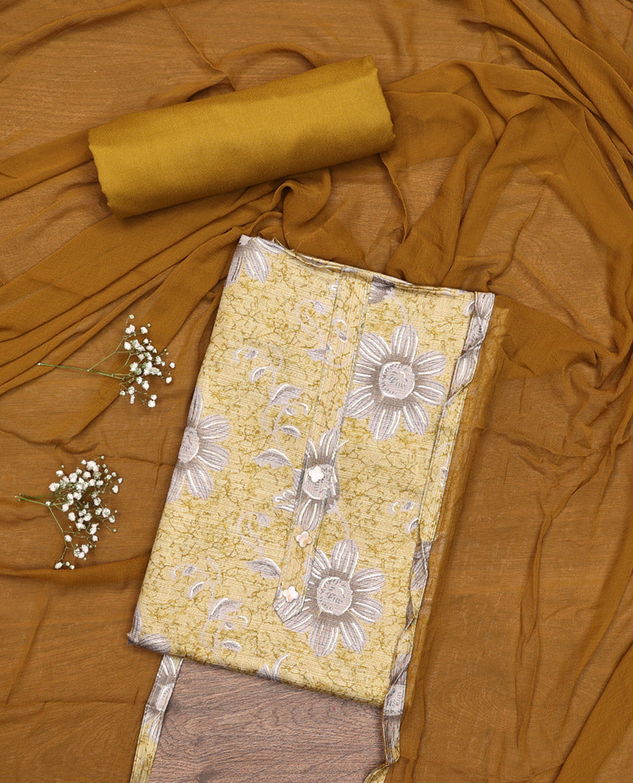 Yellow Material Chudidar Set, Beautified with Floral Abstract Print and Neck Embroidery on Cotton Top, a Contrast Plain Cotton Bottom, and Paired with a Plain Dupatta