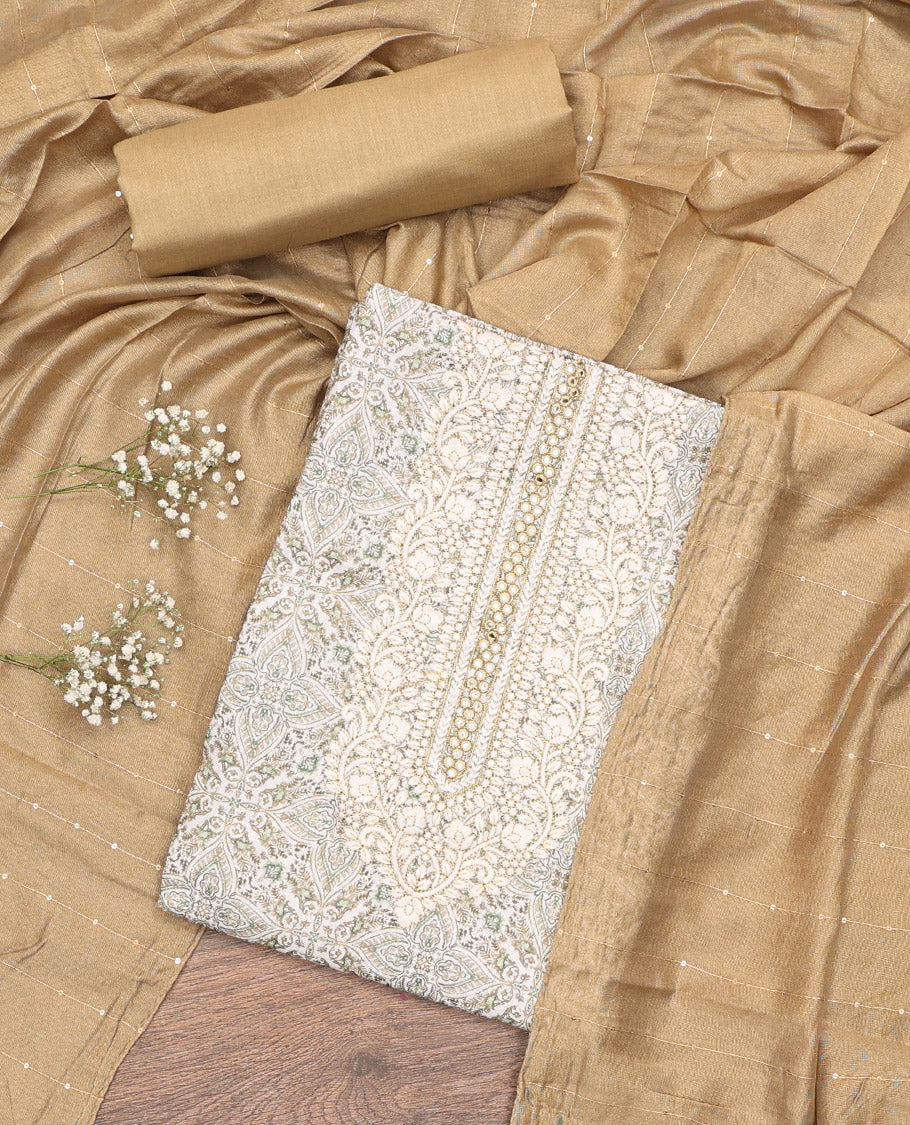 Off-White-Sandal Material Chudidar Set, Adorned with Intricate Motifs Print, and Embroidery on Its Jute Cotton Top, a Plain Cotton Bottom, and Paired with Contrast Sequins Striped Chanderi Cotton Dupatta
