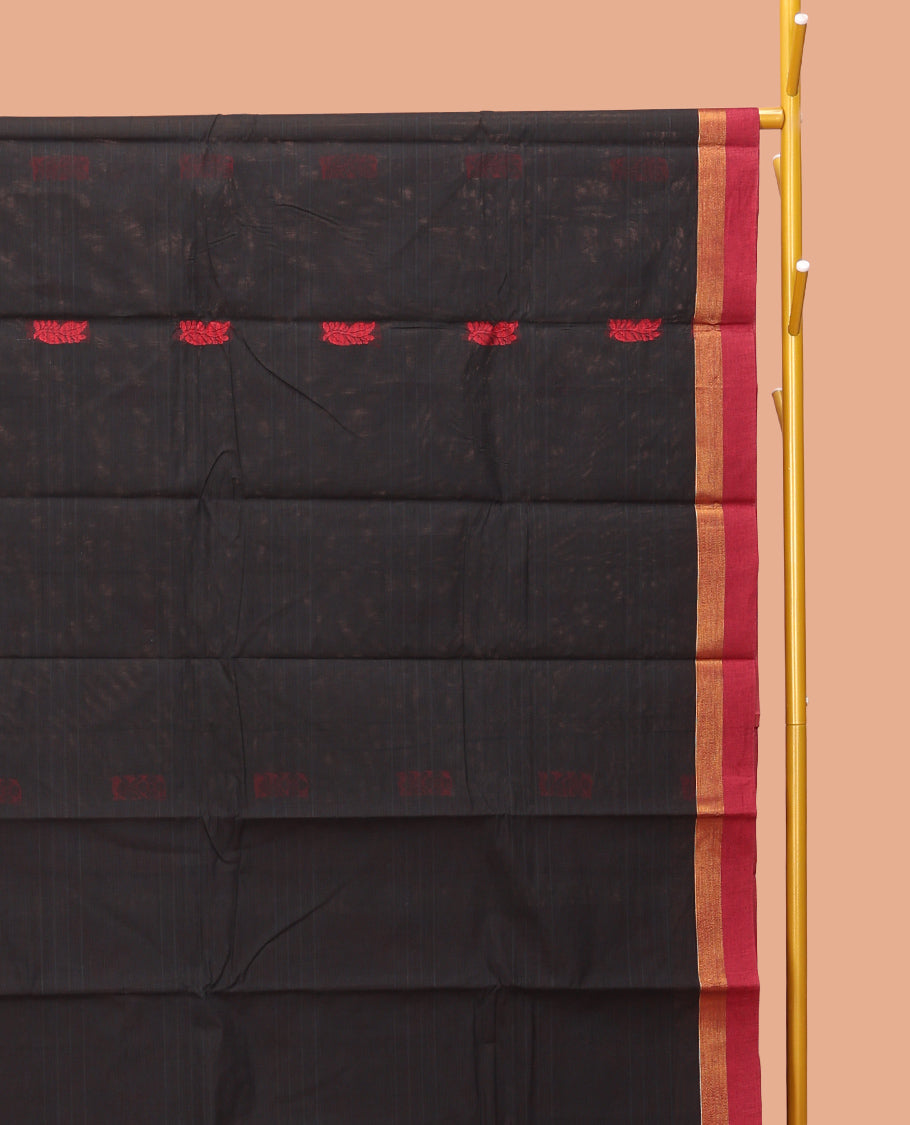 Black Kanchi Cotton Saree, Bedecked with Red Thread Buttas, Contrast Border, Pallu of Paisleys, and a Matching Blouse