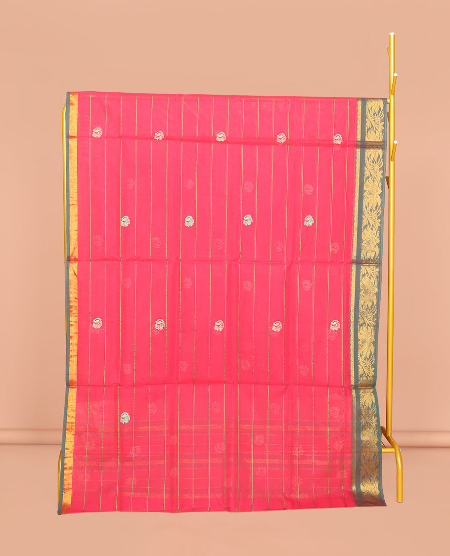 Pink Venkatagiri Cotton Saree, Embellished with Peacock Buttas and Stripes, a Contrast Floral Creeper Zari Border, Pallu of Buttas and Stripes, and No Blouse