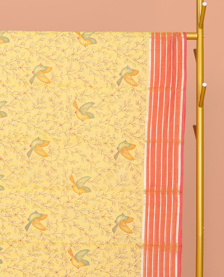 Yellow Chirala Cotton Saree, Accentuated with Floral-Bird Print, a Contrast Border, Printed Pallu, and a Matching Blouse