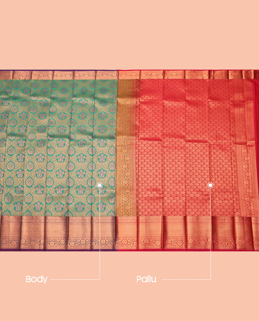 Green Budget Silk Saree, Detailed with Jacquard Design, Contrast Traditional Zari Border, Grand Pallu, and a Contrast Blouse