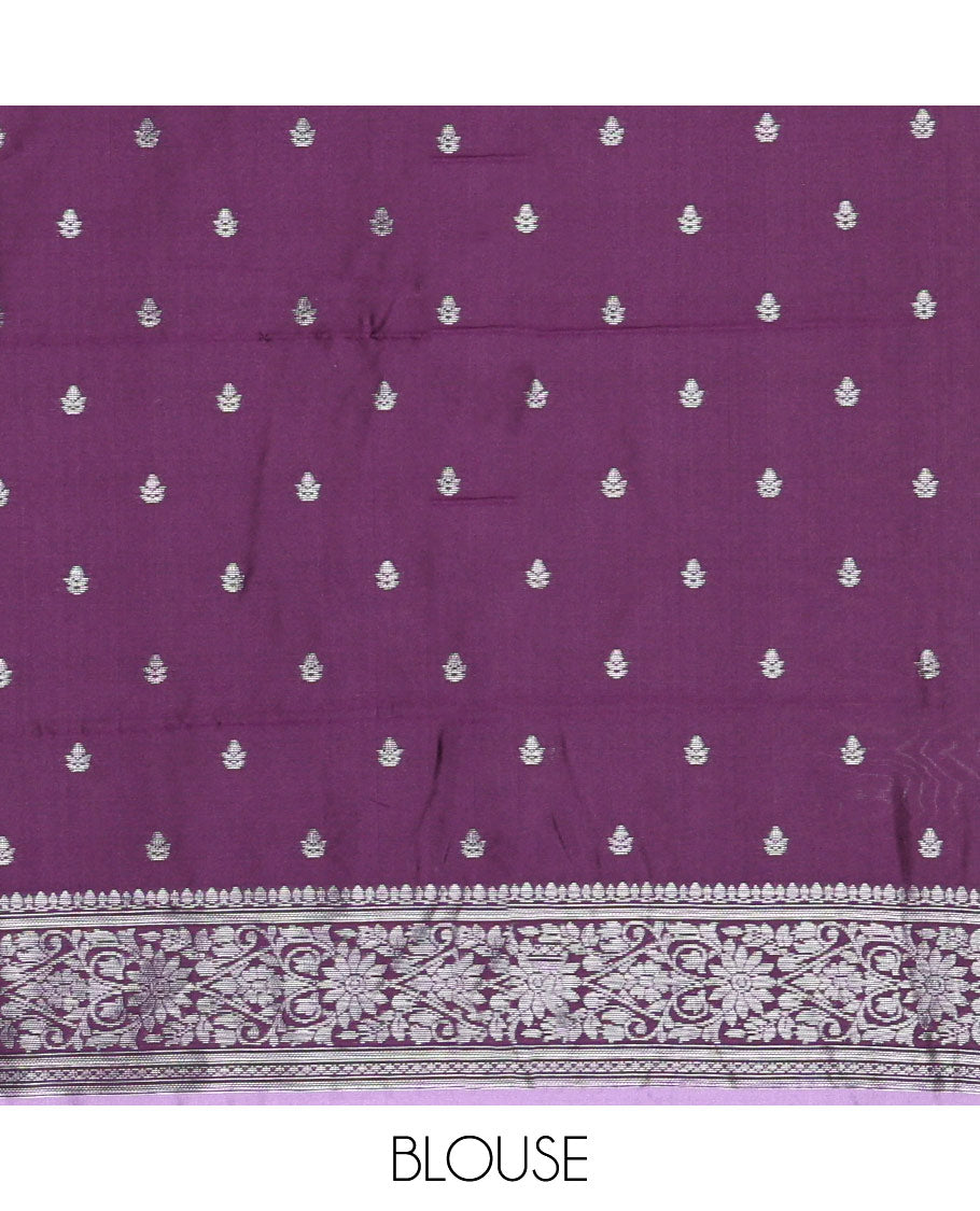 Lavender Kanchi Silk Saree, Adorned with Zari Buttas All Over Its Body, Complemented by a Contrast Border of Unique Buttas, Pallu Grandly Woven with Intricate Designs, and Paired with a Contrast Blouse