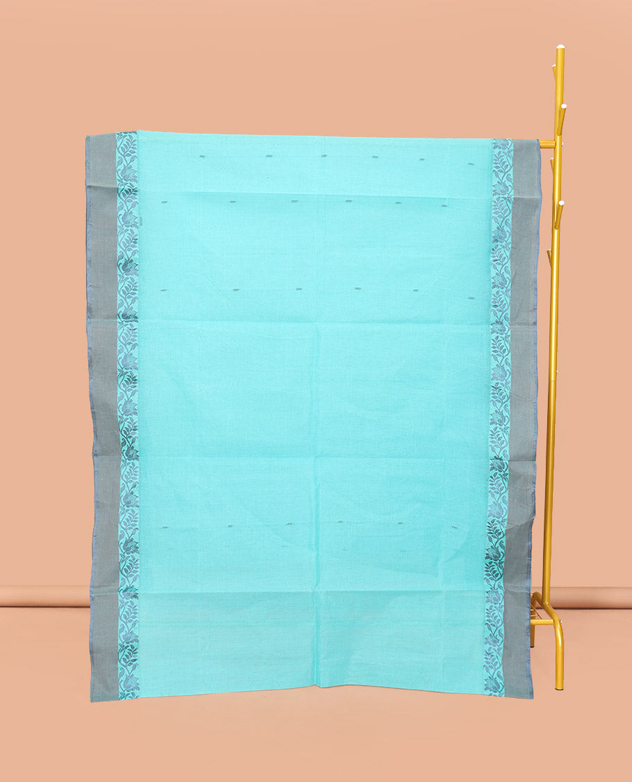 Turquoise Bengal Cotton Saree, Steeped with Buttas, a Contrast Floral Border, Pallu of Stripes and Buttas, and a Matching Blouse