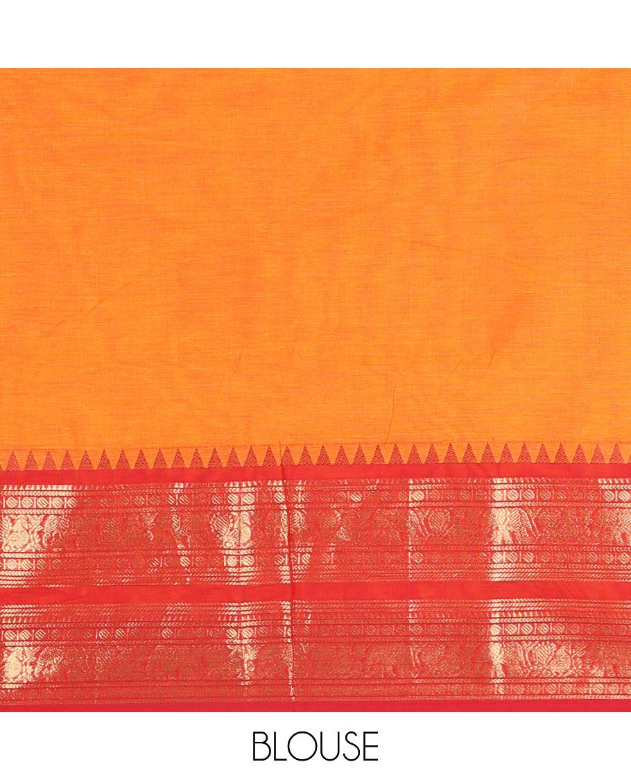 Orange Plain Chettinad Cotton Saree, Complemented by Contrast Traditional Zari Varisai Pettu Border of Peacock and Elephant Designs, Subtly Striped Pallu, and Paired with a Matching Blouse