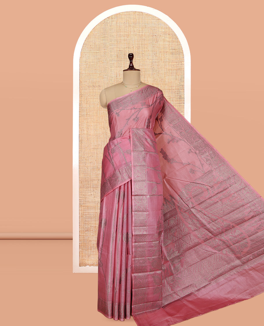 Pale Pink Tusser Silk Saree, Prettified with Floral Design, a Zari Border, Floral Pallu, and a Matching Blouse