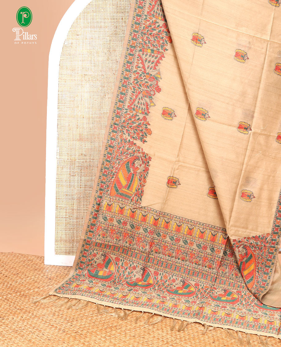 Sandal madhubani butta embroidery banarasi jute silk saree with madhubani design thread embroidery border & madhubani design thread embroidery, embroidery blouse