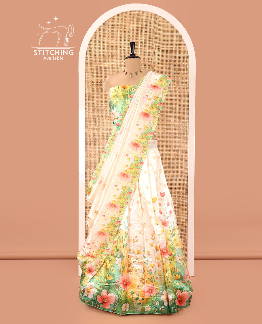 Cream-Parrot Green Semi-Silk Half-Saree, Elevated with Colorful Floral Printed Skirt, a Matching Blouse, and a Floral Printed Semi-Silk Dhavani
