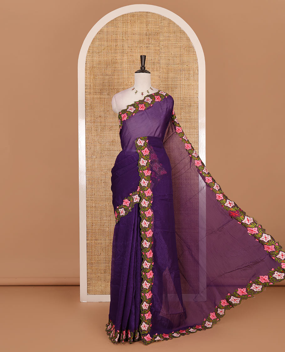 Violet full-plain crunchy crushed saree, scallop floral creeper thread embroidered border, and floral embroidered matching blouse