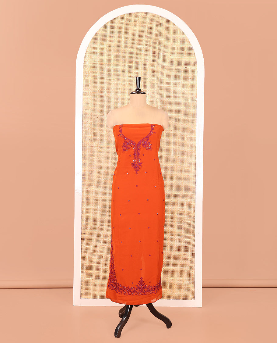 Rust-Purple Georgette Material Chudidar Set, Features Thread and Mirror Work Top, a Plain Santoon Bottom, and an Embroidered Georgette Dupatta