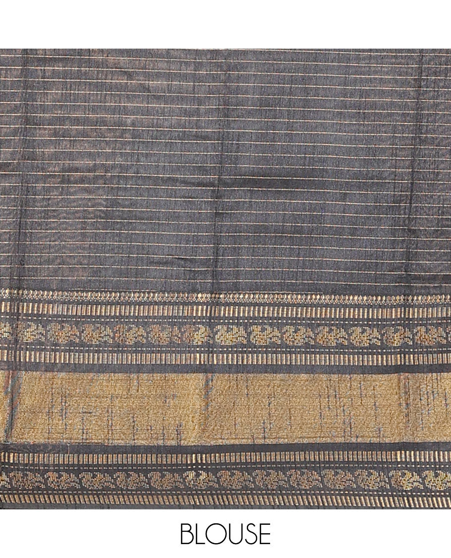 Blue butta enclosed checked dupion saree, contrast traditional zari border, and zari design pallu