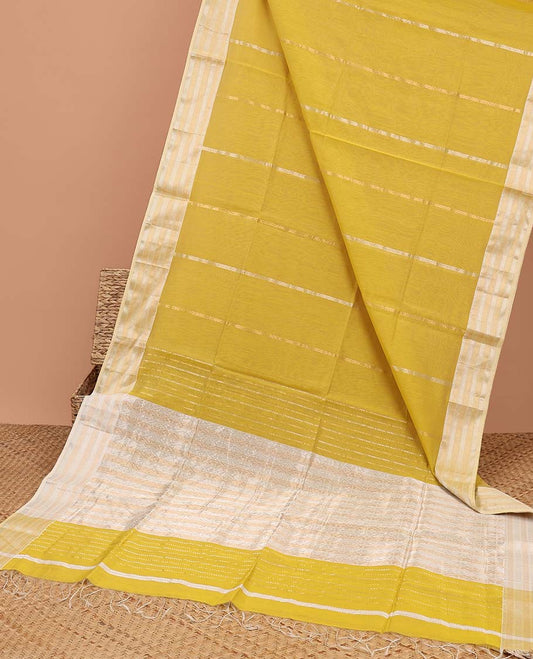 Yellow zari striped Maheshwari cotton saree, contrast traditional design border & zari striped pallu