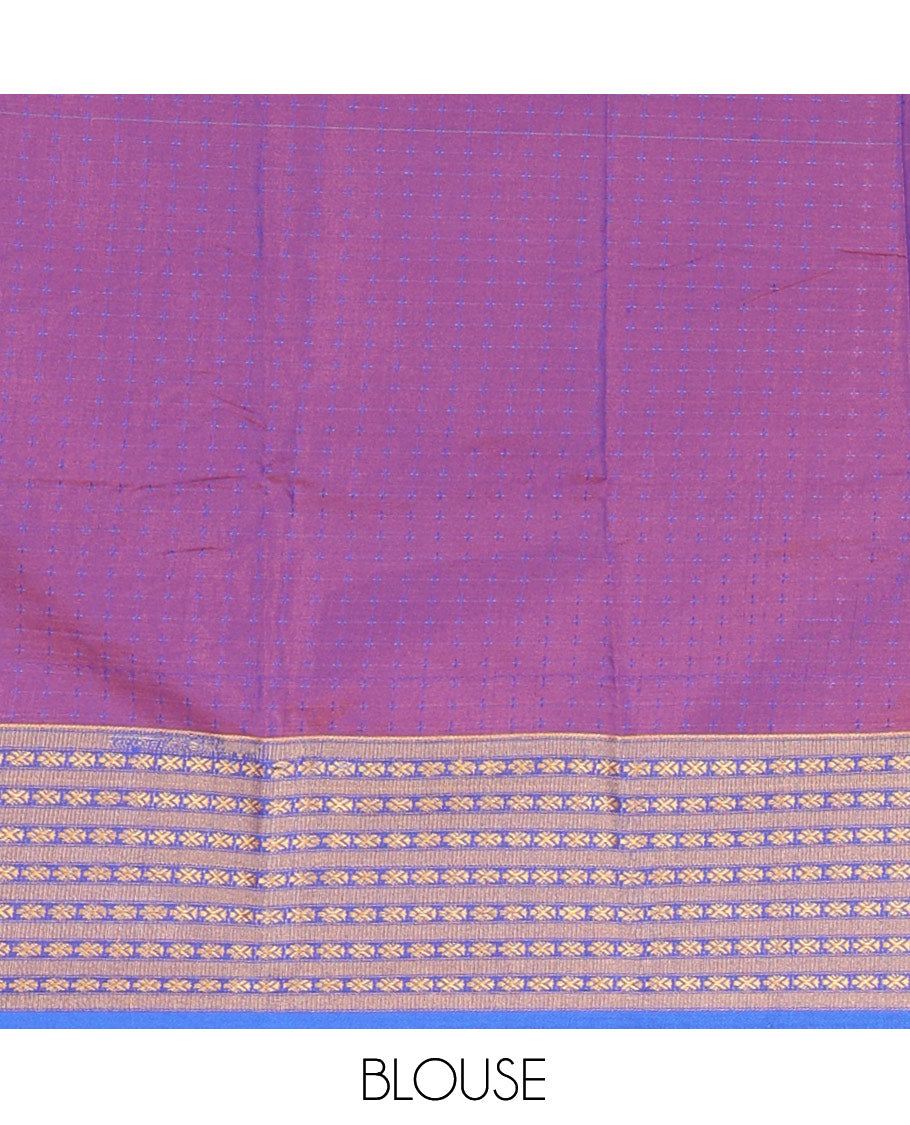 Pink Semi-Soft Silk Saree, Elevated with Plus-Shaped Buttas, Complemented by a Contrast Border, Striped Pallu, and a Contrast Blouse