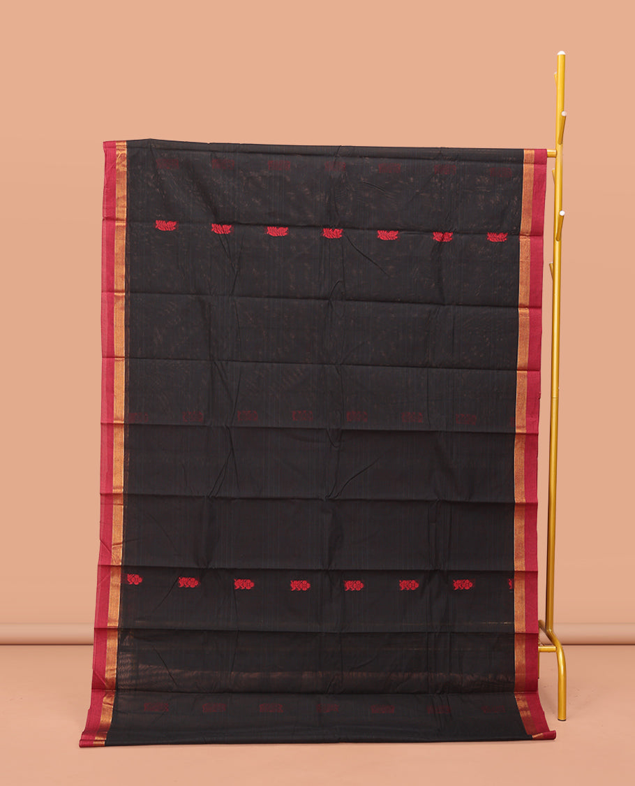 Black Kanchi Cotton Saree, Bedecked with Red Thread Buttas, Contrast Border, Pallu of Paisleys, and a Matching Blouse