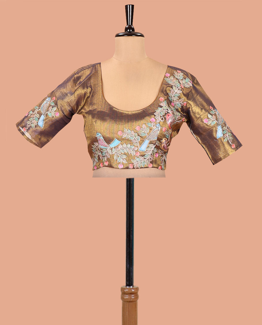 Borderless Navy Blue Tissue Saree, Enthralled with Colorful Floral-Bird Motif Printed with Outline Embroidery on Its Body, and Paired with a Readymade Elbow-Sleeve Round-Neck Blouse