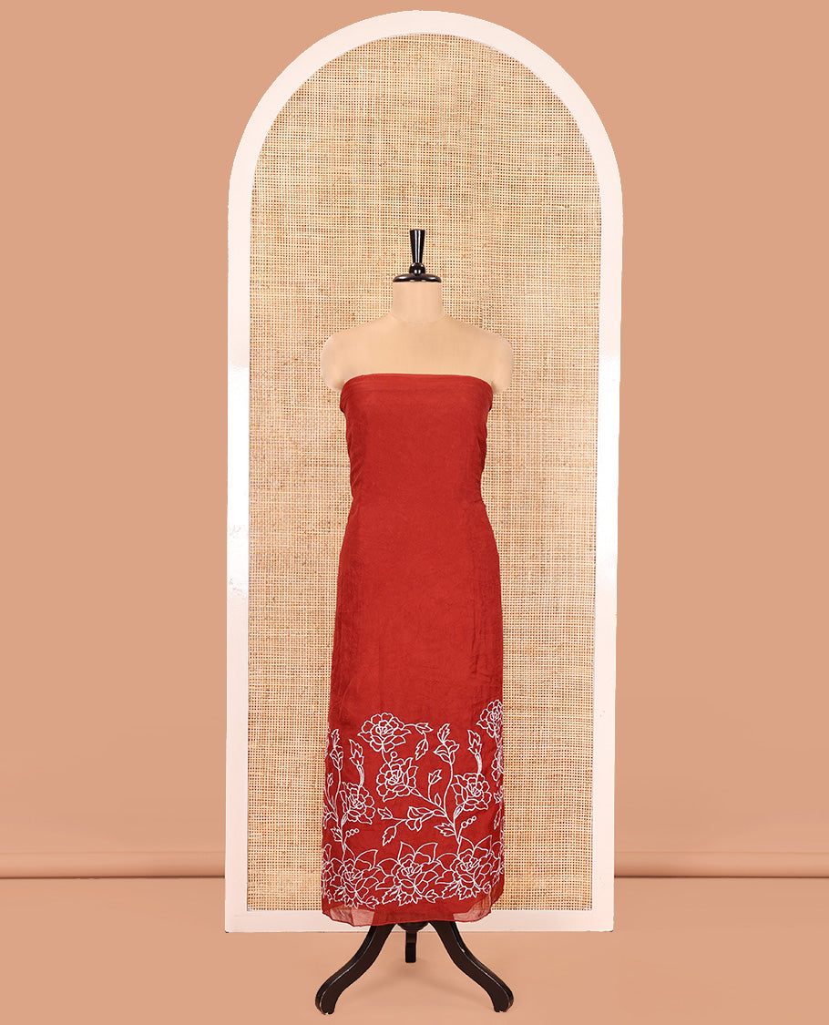 Dark Rust Organza Crushed Material Churidar Set, Elegantly Elevated with Floral-Themed Thread Embroidery Top, Comes with a Plain Santoon Bottom, and Is Paired with Organza Crushed Dupatta of Floral Thread Embroidery