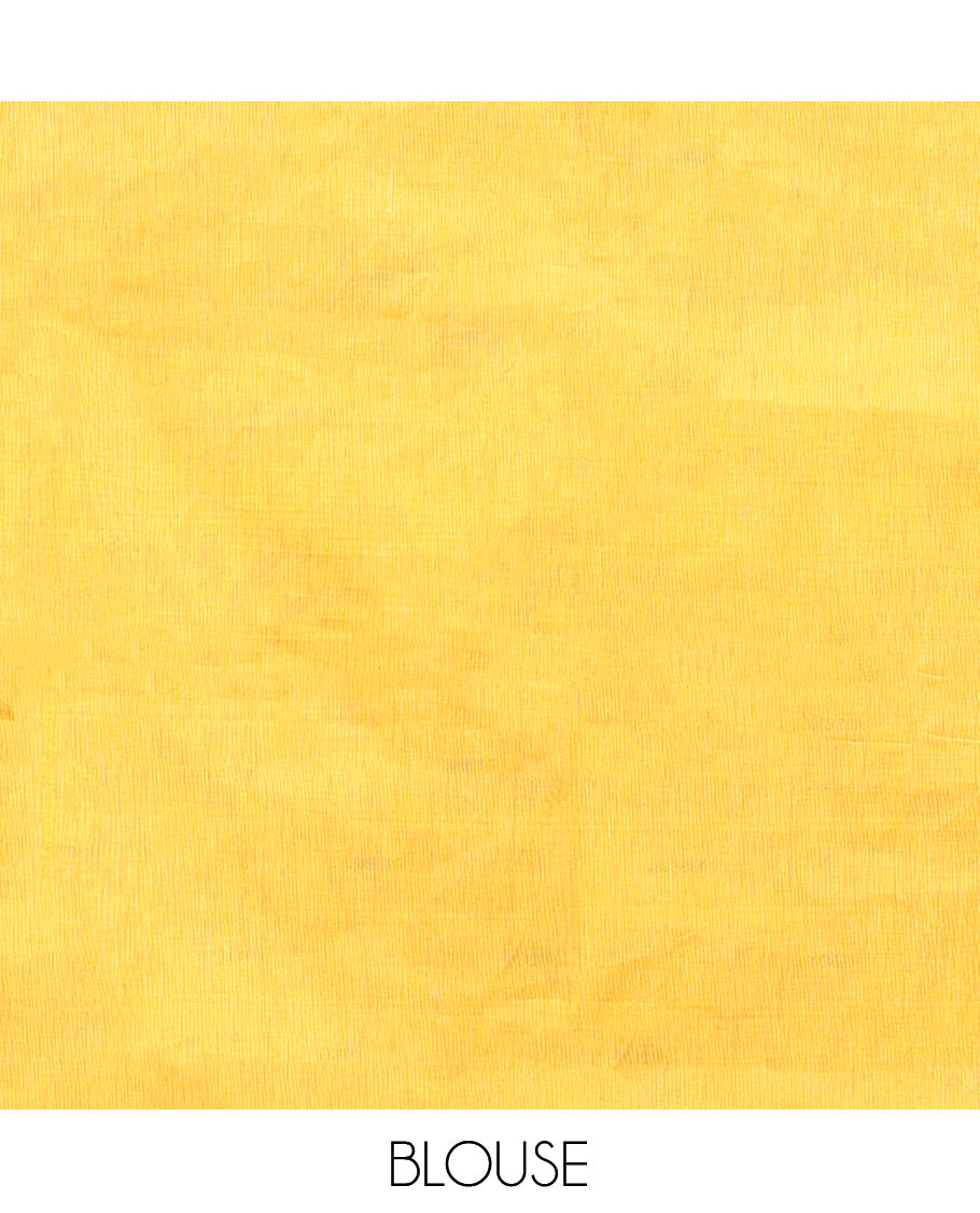 Yellow Chettinad Cotton Saree, Finely Crafted with Thread Buttas All Over Its Body, Complemented by a Contrast Ganga-Jamuna Kal Eragina Border of Kodi Peacock and Elephant Designs, Pallu of Buttas and Stripes, and Paired with a Matching Blouse