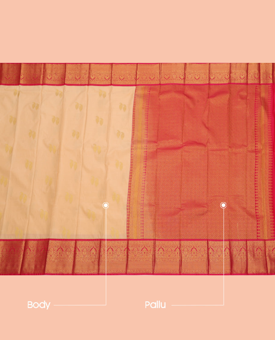 Sandal Budget Silk Saree, Sparsely Woven with Zari Buttas, Complemented by a Contrast Traditional Zari Border, Jaal Pallu, and Contrast Blouse