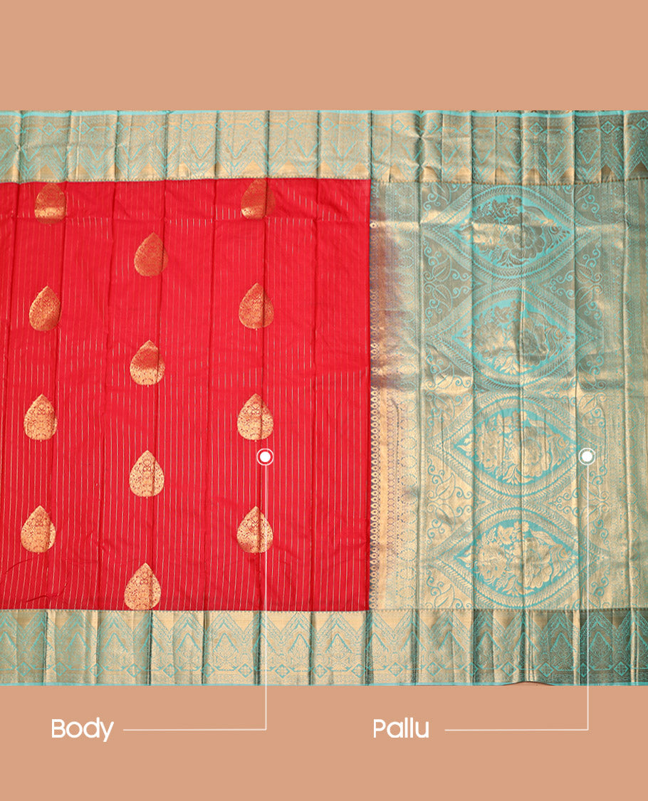 Red Budget Silk Saree, Showcasing Zari Buttas and Stripes, Complemented by a Contrast Traditional Zari Border, Intricate Pallu, and a Contrast Blouse