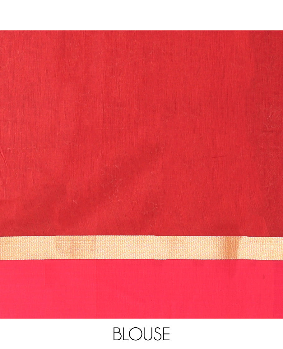 Red Semi-Silk Cotton Saree, Richly Detailed with Zari Buttas All Over Its Body, Complemented by a Contrast Paisley Zari Design Border, Pallu of Floral Design, and Paired with a Contrast Blouse