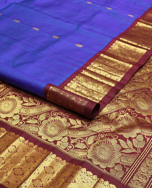 Blue zari buttas kanchipuram silksaree, contrast one-sided korvai jaal design zari border & floral design pallu