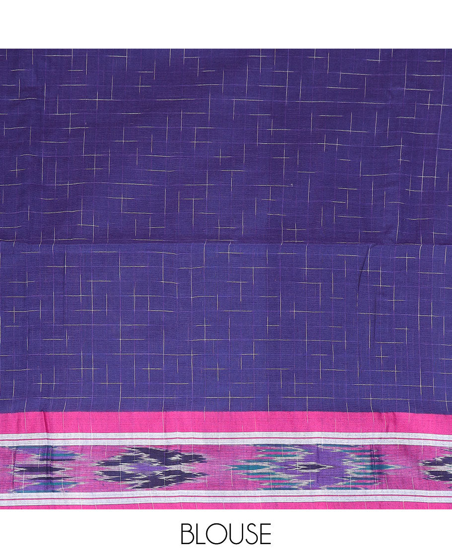 Dark blue checked design ikkat cotton saree with floral design border & floral design pallu