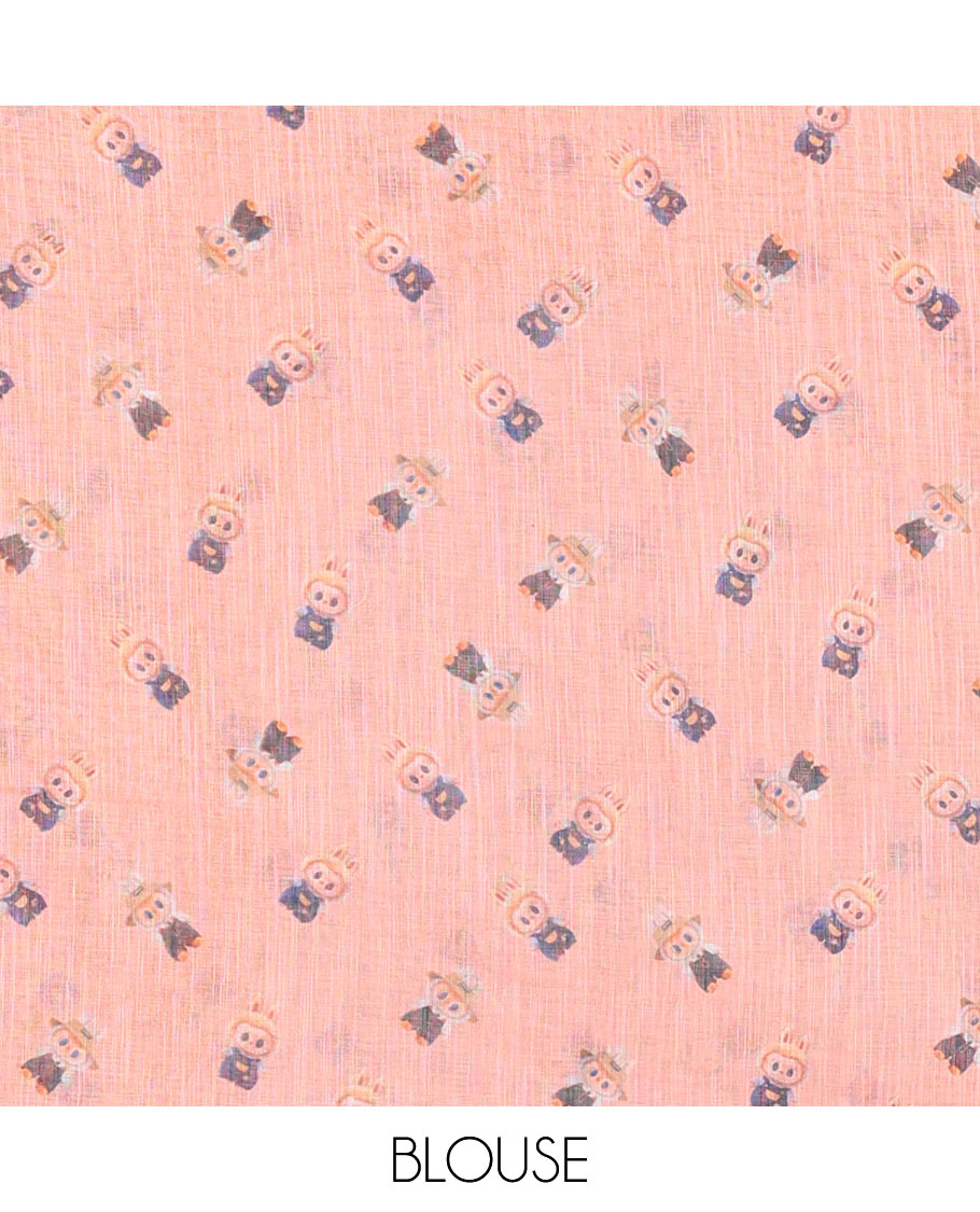 Borderless peach labubu toy motifs printed linen cotton saree with a matching labubu toy s printed blouse