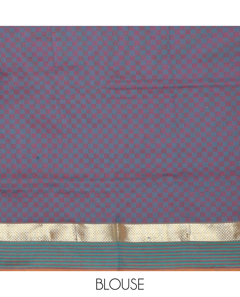 Pink Checked Poly Cotton Saree, Complemented by Contrast Traditional Zari Design Border, Pallu of Stripes, and Paired with a Contrast Blouse