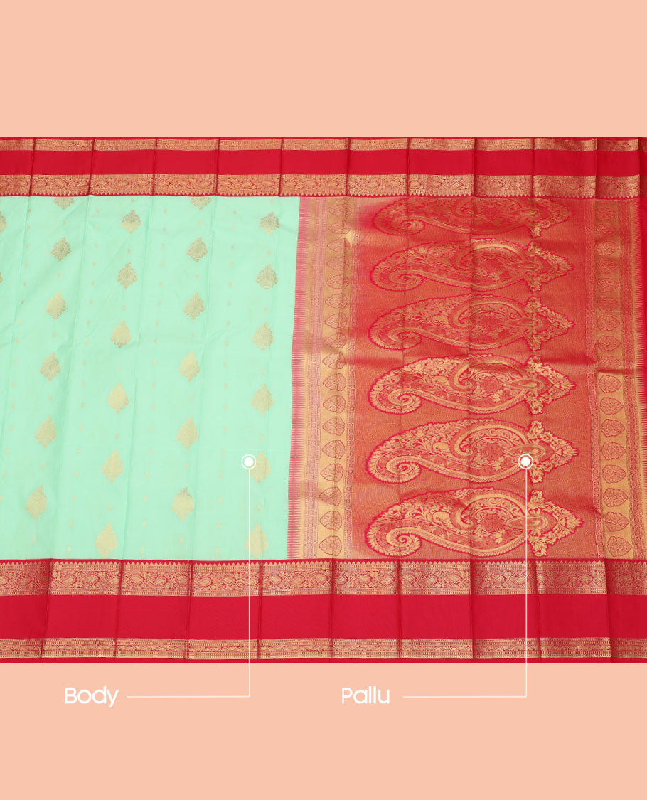 Turquoise Budget Silk Saree, Subtly Sparkled with Zari Buttas, Contrast Traditional Zari Rettai Pettu Border, Grand Pallu, and a Contrast Blouse