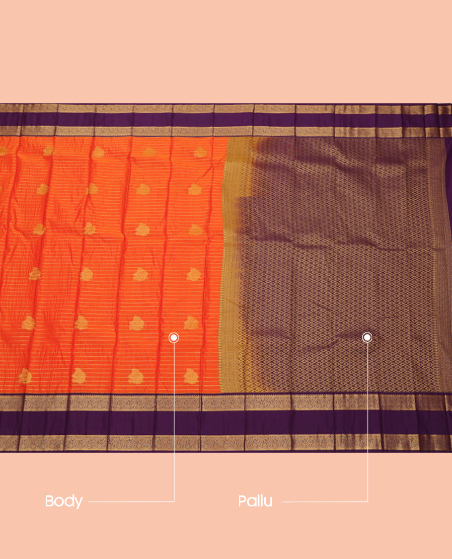 Orange Budget Silk Saree, Gleamed Up with Zari Buttas and Stripes, Complemented by Contrast Traditional Zari Rettai Pettu Border, Grand Pallu, and Contrast Blouse