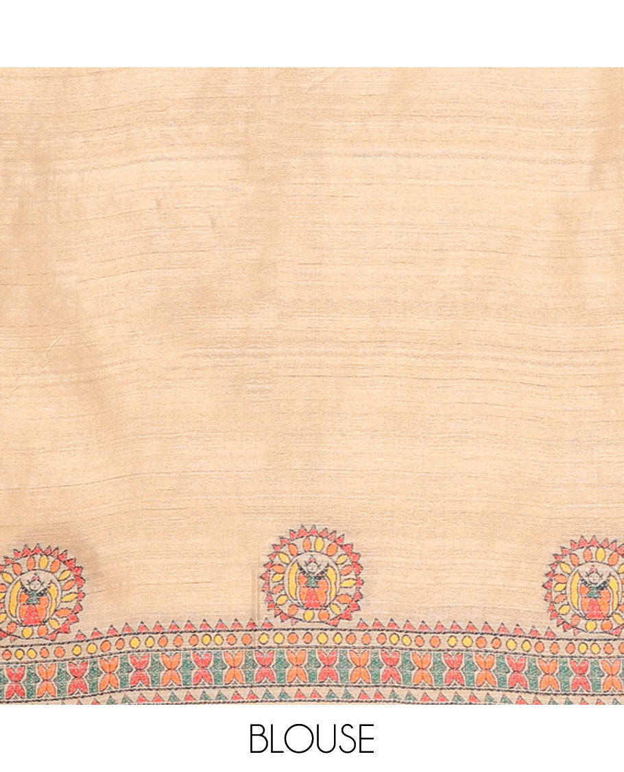 Sandal madhubani butta embroidery banarasi jute silk saree with madhubani design thread embroidery border & madhubani design thread embroidery, embroidery blouse